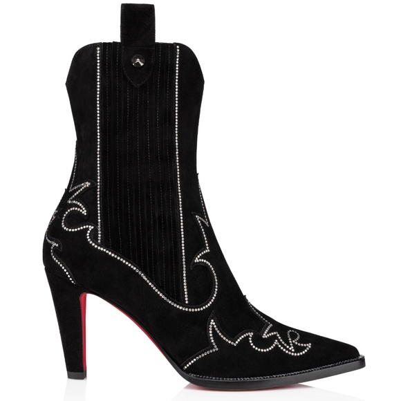 Christian Louboutin Santigag Strass 85 Black Suede Western Ankle Heel Boot 40 - Picture 3 of 16